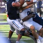 in 3:49:07, just 1 second later, it is calamity for the brave UNH QB.  AJ Pena against their best OL tackle doesn't give up the edge, Moses Meus (Thunder) came crashing in, the QB had no where to go, hitting into his own lineman and Pena.  The ball came flying out.  What a time for a fumble!