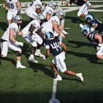 Mitchell Garner, LB from St. Vincent HS in Glen Burmie, MD, attacks the outside edge against a very good OL tackle from UNH.  Setting the edge in this game was much improved over the previous week against Brown.